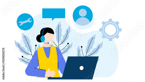 Woman working at home with technology, using a laptop and a headset; perfect for remote work or online communication concepts.