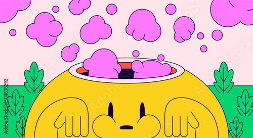 Round yellow character with its head open, releasing pink cloud puffs into the air in cartoon style vector illustration for background