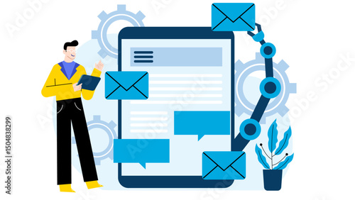 Man checking email icon on mobile, suitable for digital communication concepts, online messaging platforms, email marketing, and technology blogs.