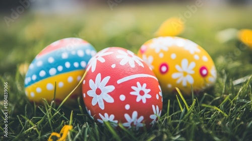 vibrant easter eggs adorned with intricate floral and polka dot designs nestled among lush green grass symbolizing festive celebration and springtide renewal with whimsical charm