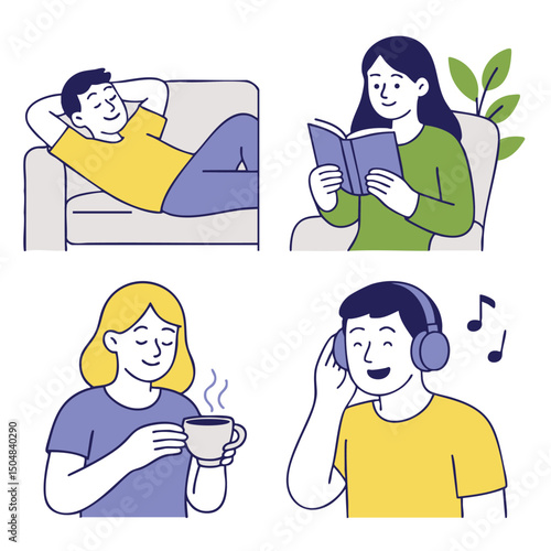 Relaxing activities at home include reading, listening to music, and enjoying warm drink