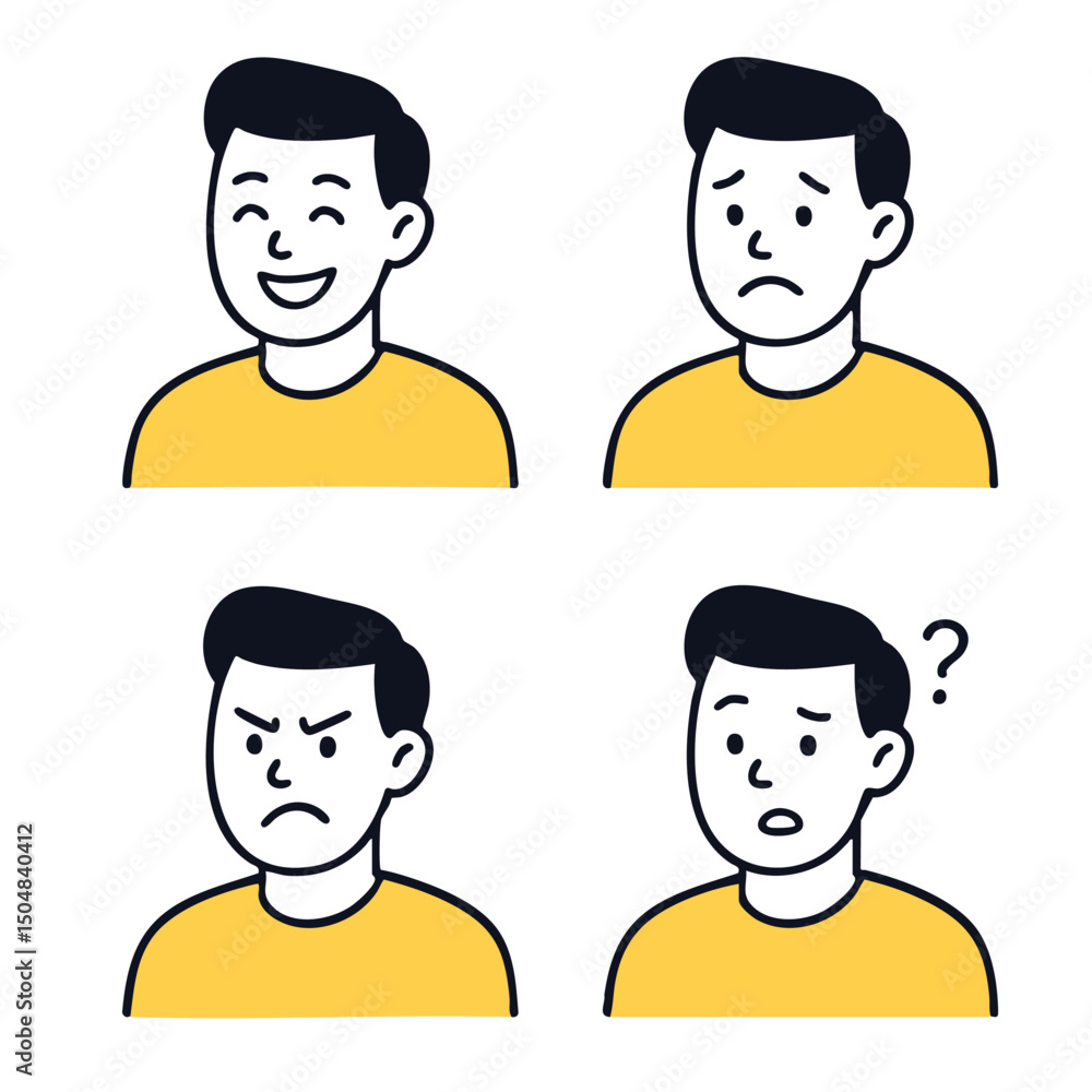 Set of four illustrations showing different facial expressions happy, sad, angry, and confused Set of four illustrations showing different facial expressions happy, sad, angry, and confused
