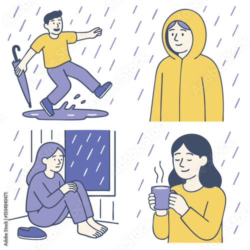 Rainy day activities with people enjoying weather, staying cozy and warm