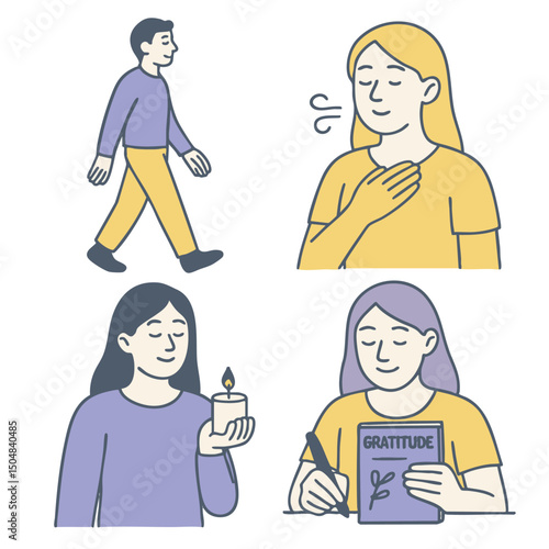 Mindful walking, gratitude journaling, candle meditation, emotional well being