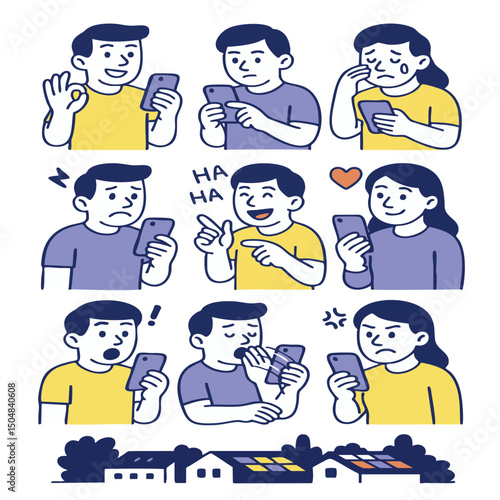 Series of illustrations showing various emotions while using smartphone, including joy, surprise
