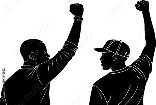 Silhouette of Two Men Raising Fists in Protest, Symbol of Resistance and Solidarity