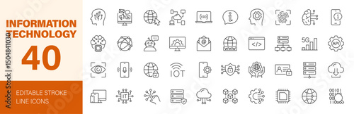 Information technology icon set. Containing IT manager, big data, data analytics, cybersecurity, artificial intelligence and more. Editable line icons. Vector illustration.