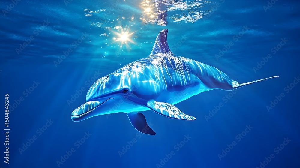 Fototapeta premium Dolphin swims underwater, sunbeams