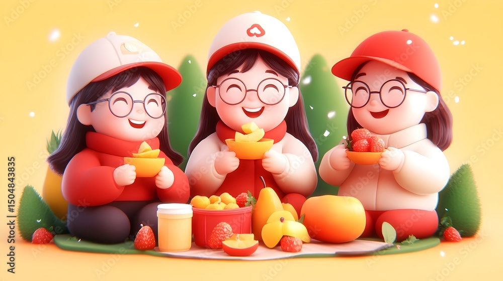 Obraz premium Three girls enjoying a picnic with fruit