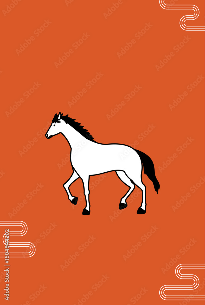 Obraz premium 2026年午年のシンプルな年賀状、とぐろを巻いた馬とエ霞の和風背景