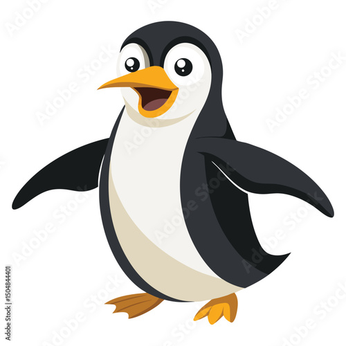 A king penguin with surprised eyes waddles with its wings outstretched against a white background