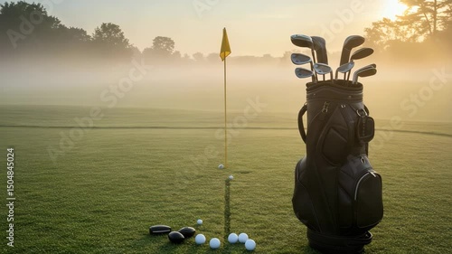 Golf clubs and balls beside flag on misty green golf course  