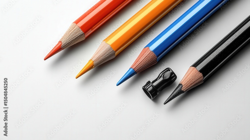 Vibrant colored pencils and sharpener on a light background Vibrant colored pencils and sharpener on a light background