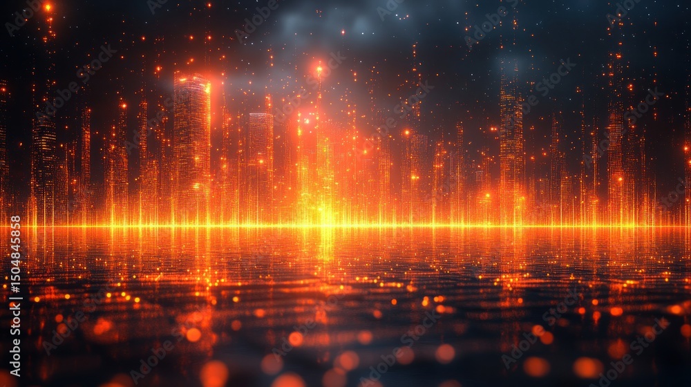 Naklejka premium Fiery Cityscape Reflection: A Digital Metropolis at Night