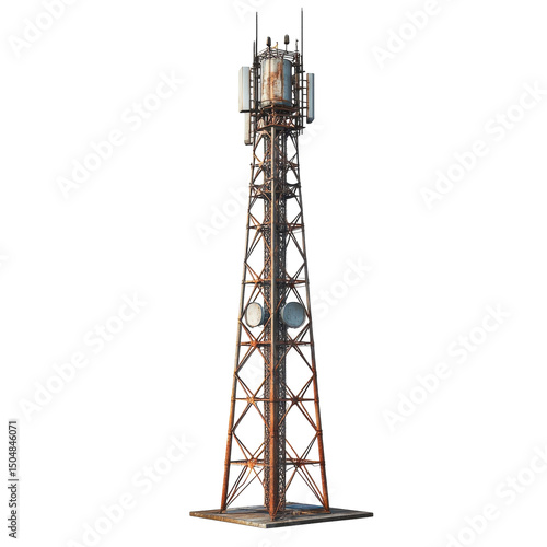 An old rusty communication tower stands weathered against the void on transparent background