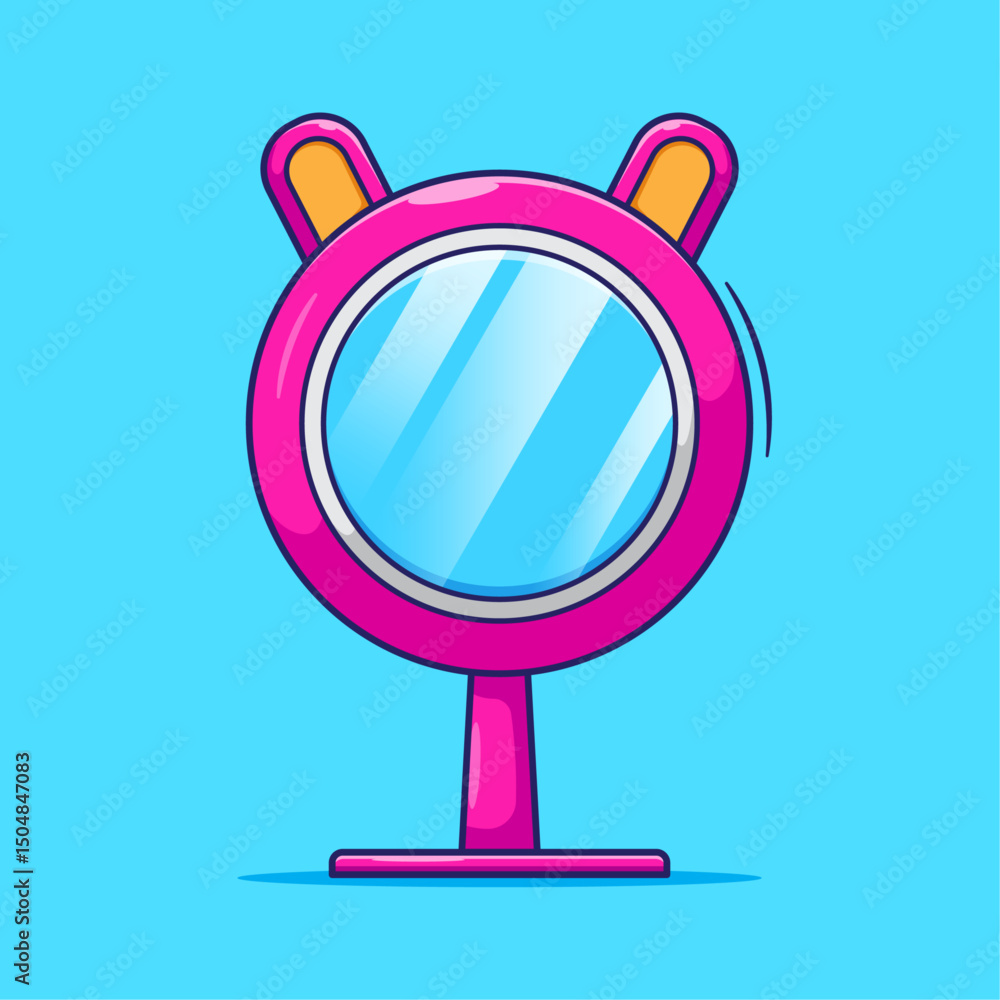Obraz premium Draw cute pink mirror with handle illustration cartoon vector isolated. Hand mirror illustration with flat style design