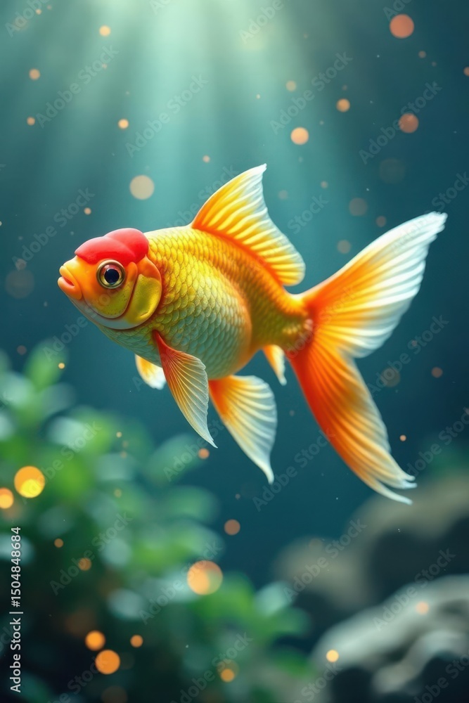 Fototapeta premium A vibrant goldfish gracefully swims through an underwater paradise, its scales shimmering under a gentle, ethereal light