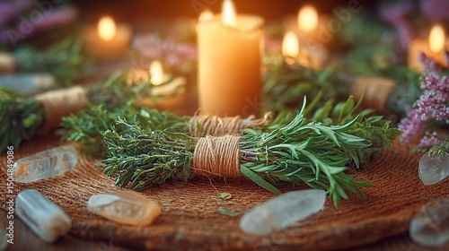 Herb bundles with mugwort, rosemary and thyme on wooden altar with crystals and candles for solstice ritual