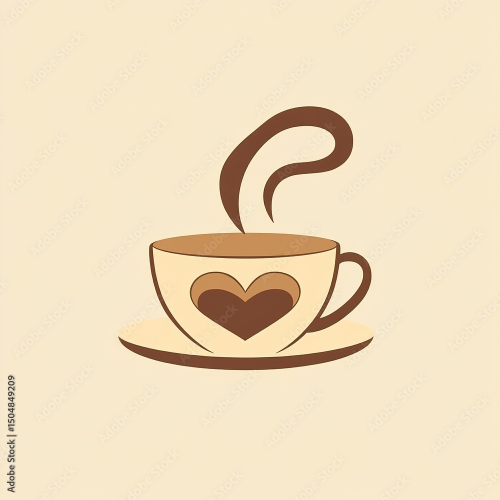 Obraz premium Minimalist flat style illustration of a cup of coffee with heart-shaped steam rising from it in warm brown and cream tones, perfect for cafe branding, logo design or cozy beverage packaging.