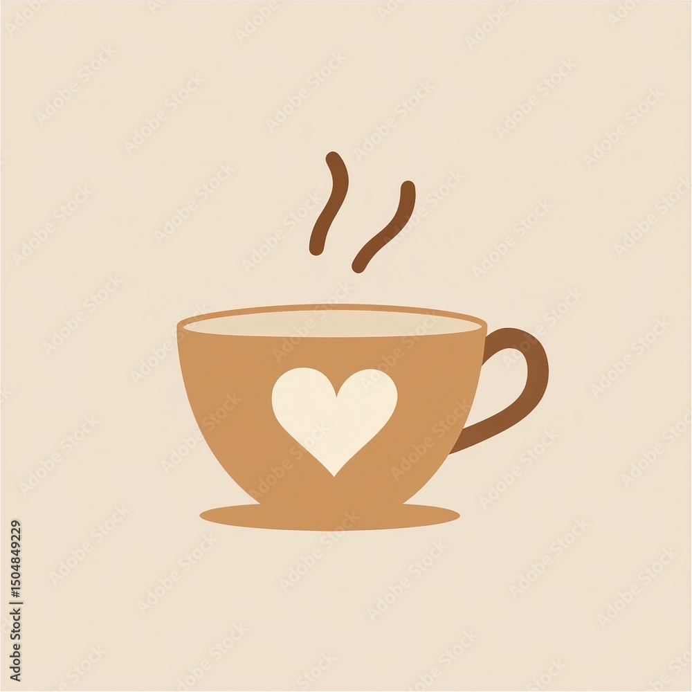 Obraz premium Minimalist flat style illustration of a cup of coffee with heart-shaped steam rising from it in warm brown and cream tones, perfect for cafe branding, logo design or cozy beverage packaging.