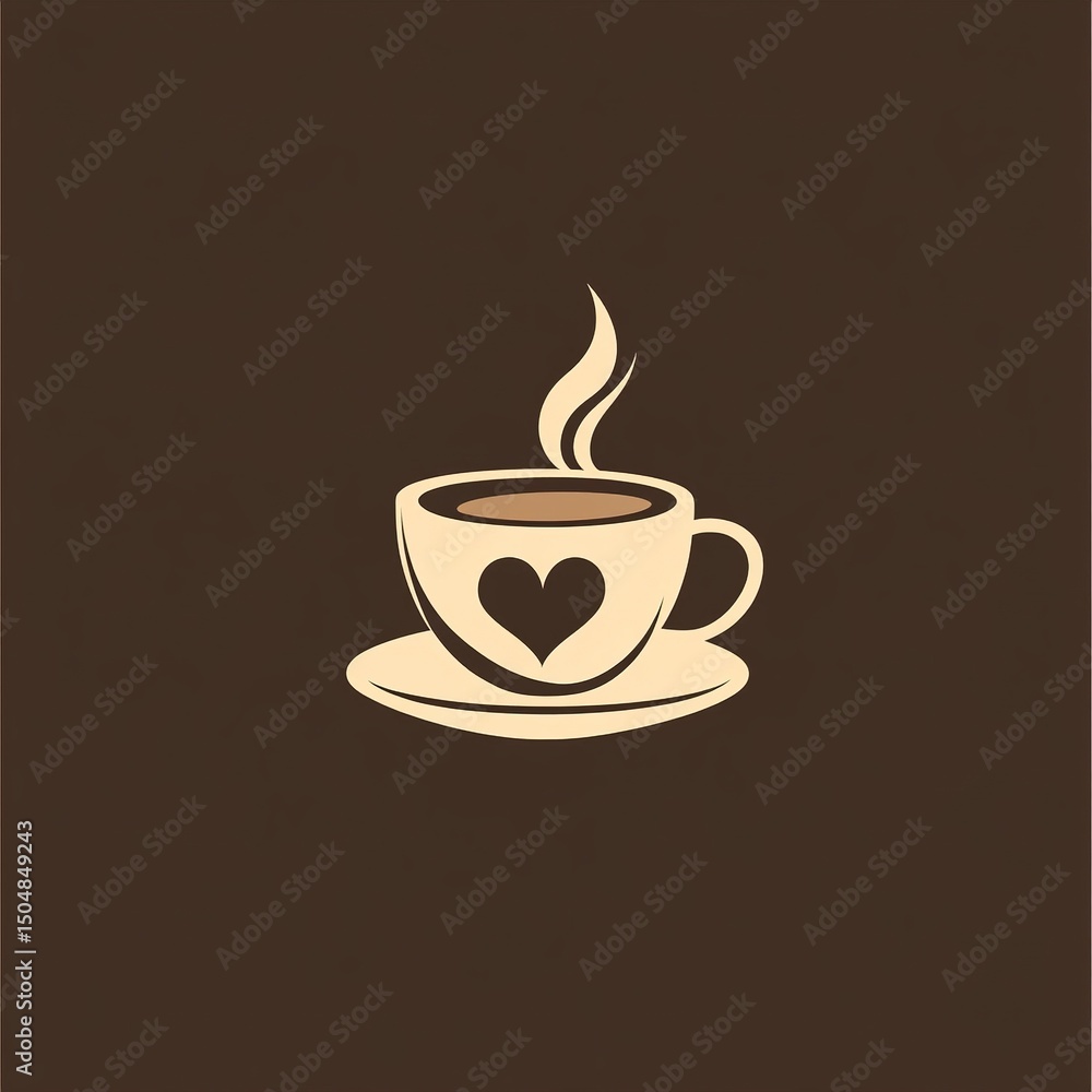 Obraz premium Minimalist flat style illustration of a cup of coffee with heart-shaped steam rising from it in warm brown and cream tones, perfect for cafe branding, logo design or cozy beverage packaging.