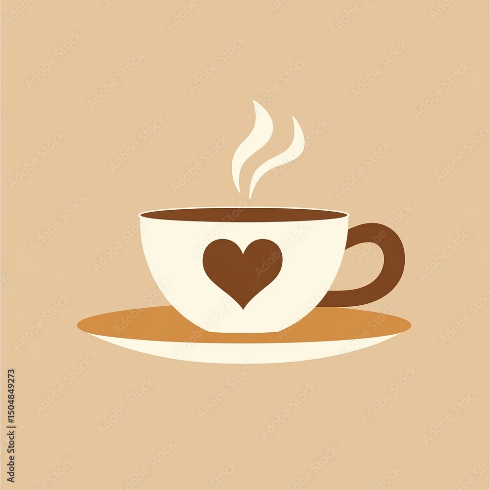 Obraz premium Minimalist flat style illustration of a cup of coffee with heart-shaped steam rising from it in warm brown and cream tones, perfect for cafe branding, logo design or cozy beverage packaging.