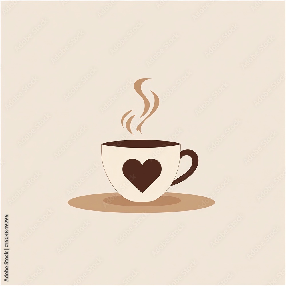 Fototapeta premium Minimalist flat style illustration of a cup of coffee with heart-shaped steam rising from it in warm brown and cream tones, perfect for cafe branding, logo design or cozy beverage packaging.