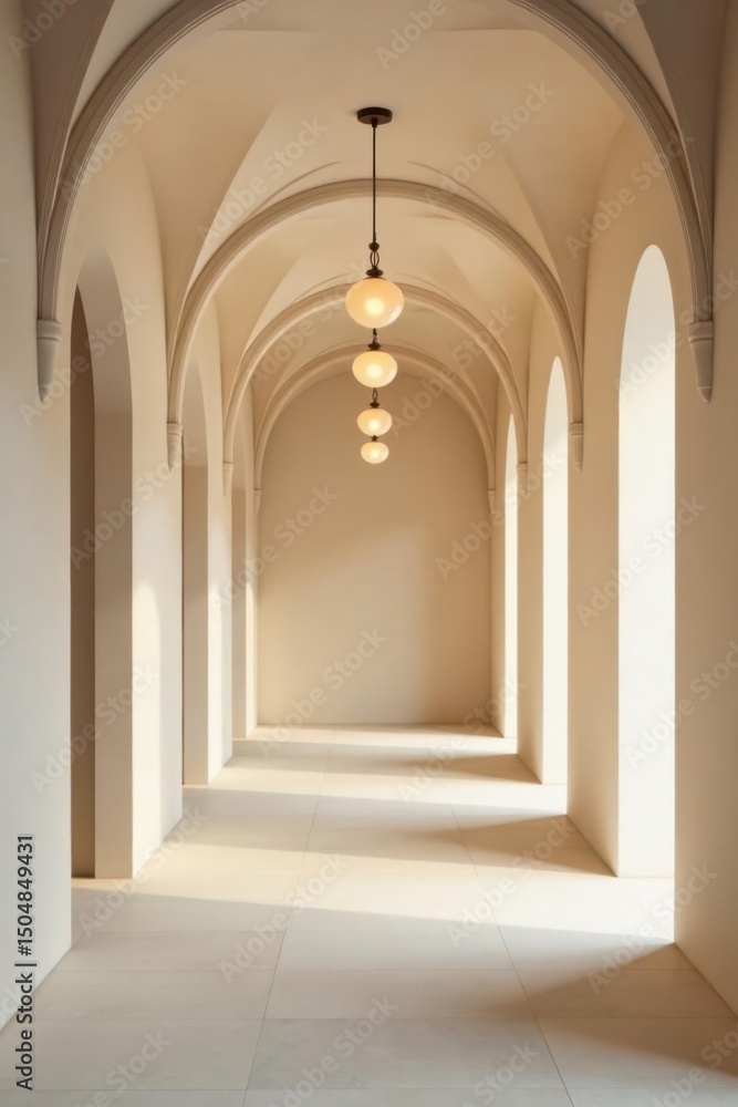 Fototapeta premium Serene arched hallway with soft light illuminating the pale stone floor and walls