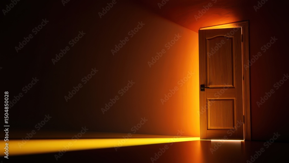 Fototapeta premium Open Wooden Door with Glowing Light in Dark Room