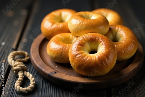Golden-brown baked goods arranged on a rustic wooden surface, illuminated by soft light, creating a warm and inviting visual