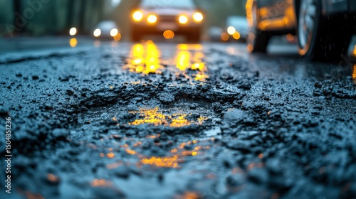 Close up of potholes on wet road with reflections in rainy conditions