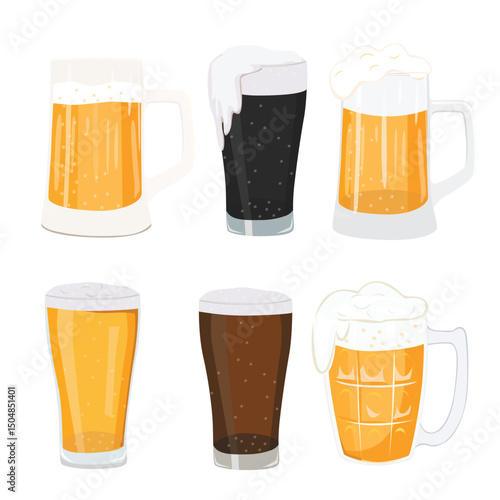 Beer mug cartoon vector set. Glass of beer clipart with different styles of beer and mug, light, lager, frothy, dark stout. Flat vector in cartoon style isolated on white background. Summer drinks.
