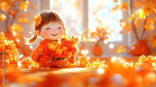 Cheerful girl with autumn flowers