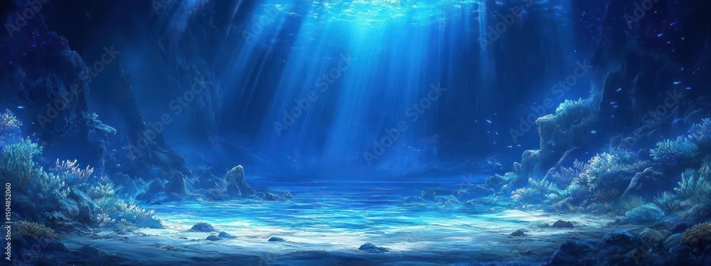Fototapeta premium Blue underwater scene with rocks and sunlight.