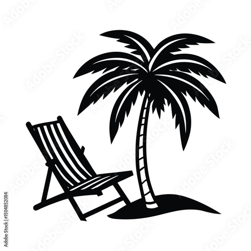Beach chair under palm tree vector silhouette