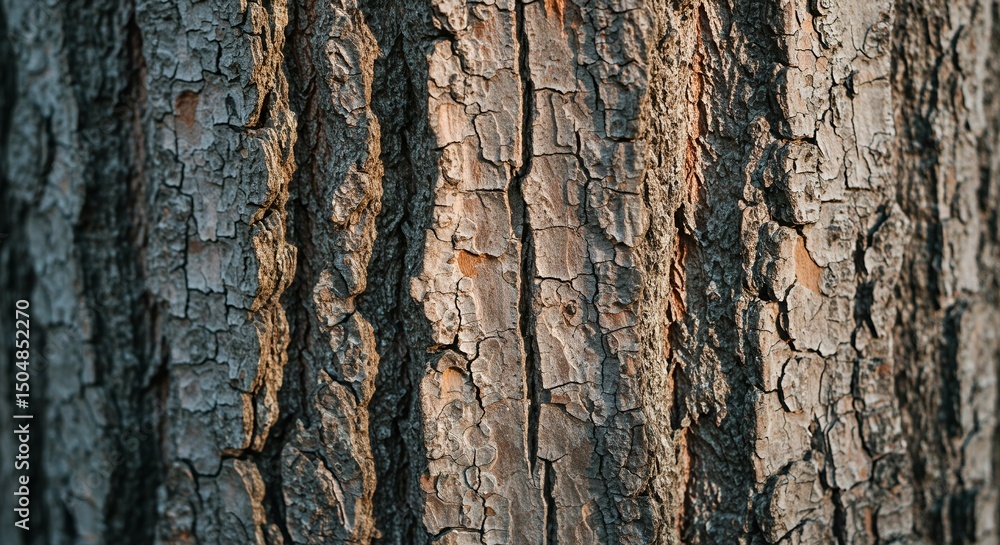 Obraz premium Textured Tree Bark Closeup: Sunlight Illuminates Cracked Surface