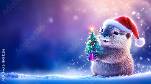 Cute otter in Santa hat holds Christmas tree