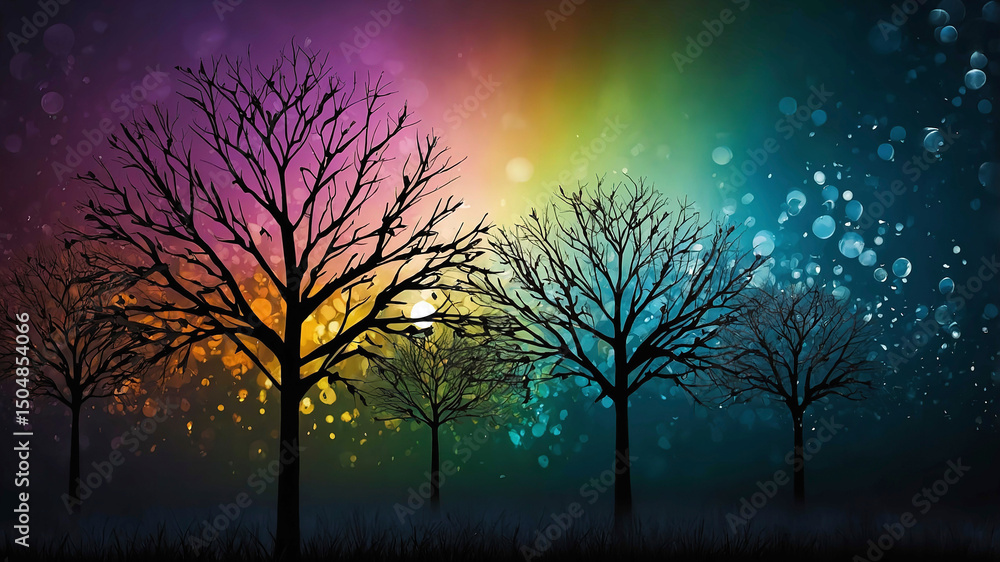 Fototapeta premium Vibrant Rainbow Night Silhouetted Trees in a Magical, Colorful Forest Wallpaper