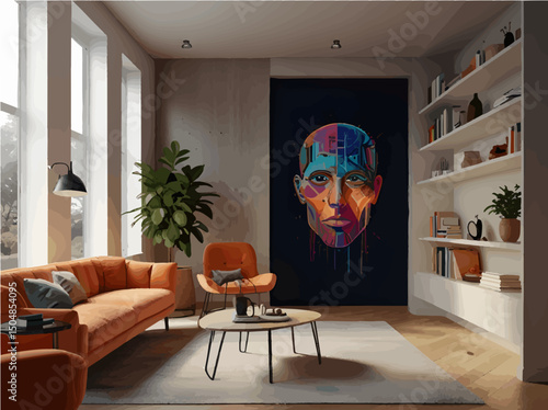 Modern Stylish Living Room with Futuristic Abstract Face Wall Art