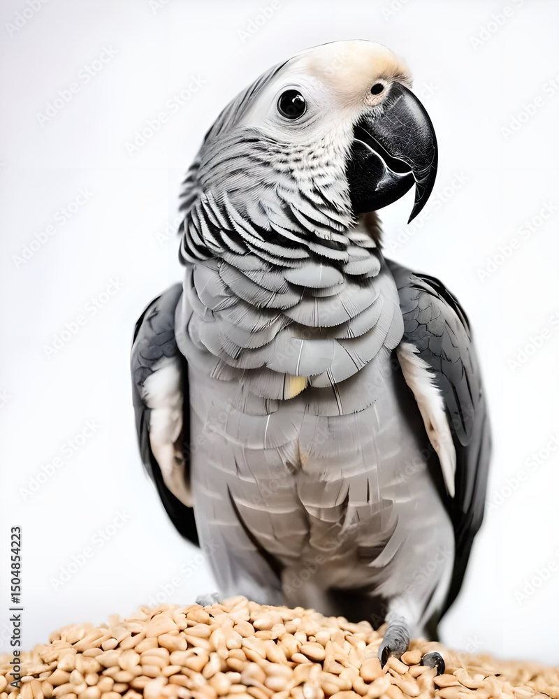Obraz premium A female gray cockatiel parrot is eating grain The parrot is isolated on a white background 