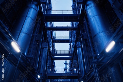 Industrial steel structure with blue lighting in urban environment