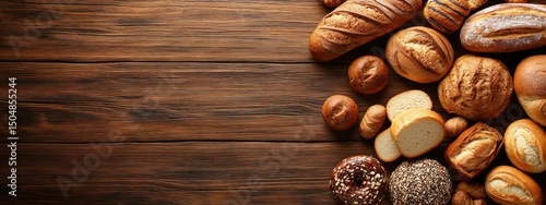 Variety of fresh baked breads arranged on a wooden surface.