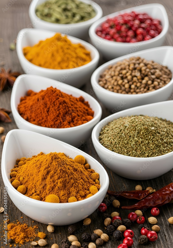 Vibrant Collection of Aromatic Spices in White Bowls Vibrant Collection of Aromatic Spices in White Bowls