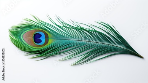 Vibrant peacock feather with iridescent eye detail.
