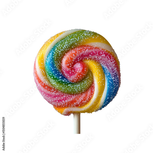 Rainbow Swirl Lollipop with Sugar Crystals on Transparent Background