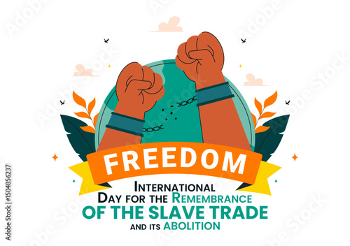 Vector Illustration for the International Day for the Remembrance of the Slave Trade and Its Abolition Featuring a Handcuff and a Dove in a Background