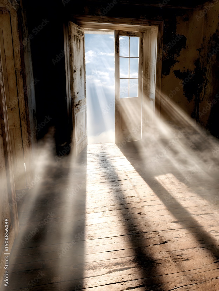 Sunlight streaming through open door in old room Sunlight streaming through open door in old room