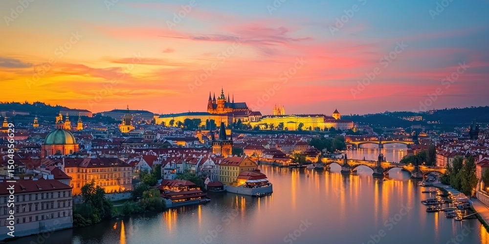 Fototapeta premium A breathtaking cityscape at dusk, with the sky painted in hues of orange and pink