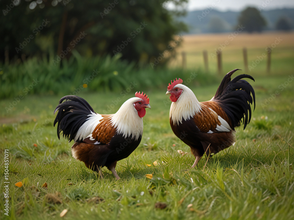 Fototapeta premium Chickens grazing on a pasture