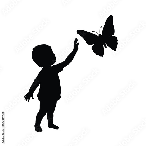 Toddler reaching for a butterfly vector silhouette
